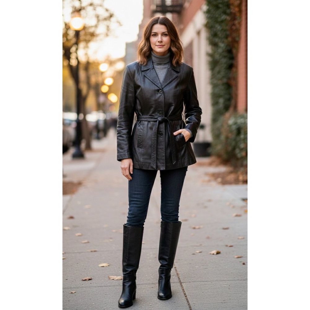 Black 100% Genuine Leather Belted Jacket Trench Coat L